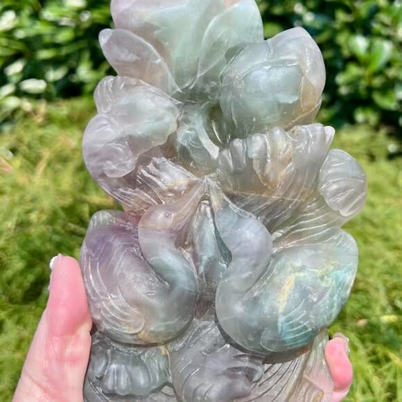 Candy Fluorite Swan and Lotus Carving 3.20lbs - Picture 3 of 9